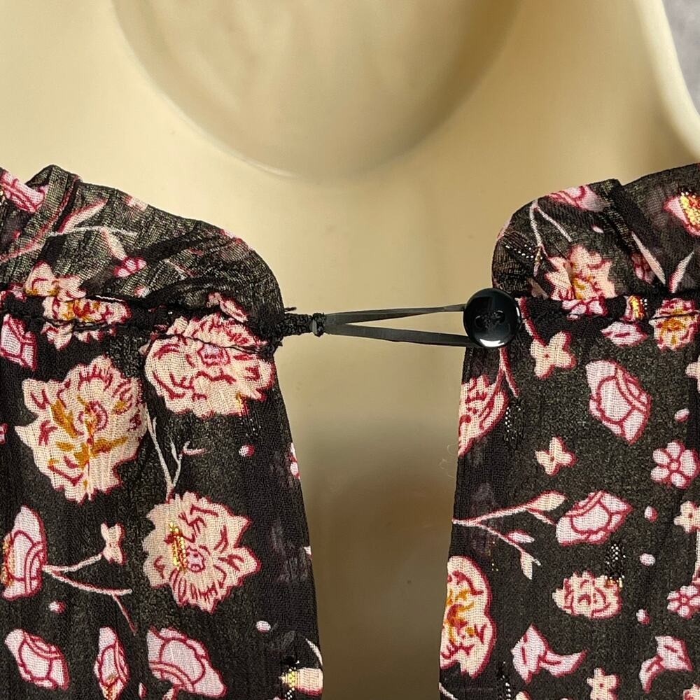 Rachel Zoe Blouse Womens Medium Black Pink Ruffle Collar Trim Chiffon Top - Picture 7 of 12